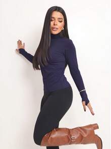 Basic Polyamide Blouse, Long Sleeves With Thumb Loops, High Neck. Second Skin, Plus Size/Slim. - 藏蓝色 - 查看 12