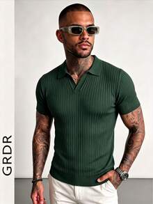 GRDR Suéter de punto de manga corta con cuello de aviador acanalado de unicolor para hombre, adecuado para salidas de verano, esencial para un estilo de moda - Verde - Ver 4