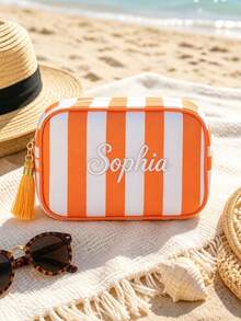 1pc Personalized Embroidered Makeup Bag, Customized Name Striped Cosmetic Bag, Bridesmaid Gift, Travel Toiletry Bag, Customized Jewelry Storage Bag, Valentine's Day Gift, Christmas Gift - Multicolor - View 5