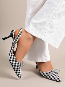 Rhinestone Bow Pointed Toe Stiletto High Heel Sandals For Women, Plaid Backless Sexy Date Commute Party - Black and White - View 3