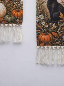 1pc/2pcs Vintage Black Cat Pumpkin Moon Bat Tassel Hanging Banner, Retro Halloween Vertical Tapestry, Spooky Farmhouse Style Autumn Wall Decor, Gothic Wildflower Scroll, Indoor Fireplace Porch Window Halloween Trick Or Treat Holiday Home Background Decoration Gift - Multicolor - View 9