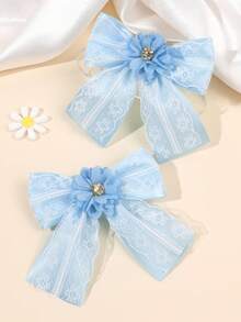 2 Stücke blaue Spitzen-Schleifen-Haarspangen für Mädchen, mit Blumen & Strass verzierte Haarspangen, exquisite kurze Krokodil-Clips, süß, niedlich, Prinzessin, Mode, minimalistische Haarspangen, Hochzeit, Alltag, Geschenk Haarspangen, Teenager Haaraccessoires - Blau - Übersicht 3