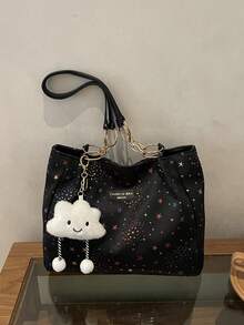 1 pieza Bolso de hombro de moda con cremallera de gran capacidad, de fibra de poliéster con patrón de estrellas de colores y colgante de nube, adecuado para el uso diario de las mujeres - Multicolor - Ver 6