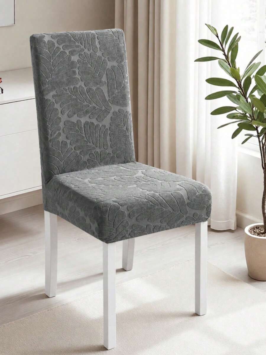 1pc Jacquard Solid Color Elastic Chair Cover, All-Season Universal Fit For Living Room, Dining Room, Home Chair Decor - Grey - View 1