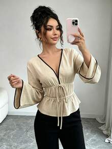 Women's Deep V-Neck Long Bell Sleeve Blouse, Contrast Trim And Knot Detail, Bell Hem Regular Shirt, Perfect For Autumn Outfits - Apricot - View 4