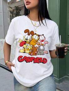 SHEIN | Garfield 女款可愛卡通團體印花圓領T恤，休閒寬鬆街頭風短袖上衣，適合夏季日常與度假穿著 - 白色 - 查看 2