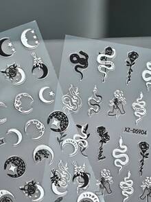 12pcs 5D Gothic Metallic Silver Nail Stickers, Y2K Snake Moon Star Embossed Decals For Acrylic Nails DIY Punk Manicure Decoration Sticker - Multicolor - View 7