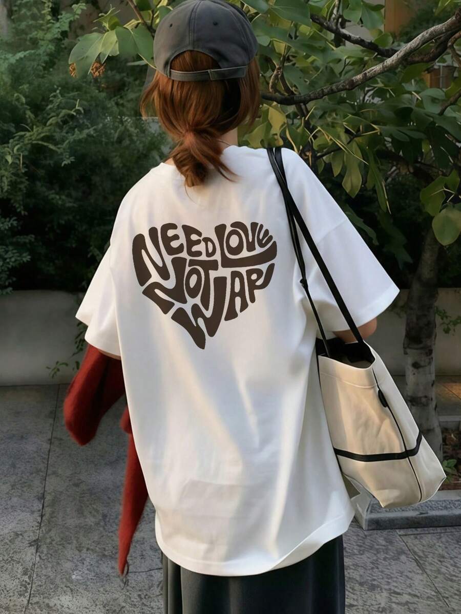 女款休閒圓領寬鬆版型字母與愛心印花短袖T恤,春夏百搭白色 - 白色 - 查看 1