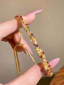 1pc Fashionable Super Shiny Colorful Rhinestone Bracelet, High-End Luxury Niche Versatile Adjustable Pull Bracelet, Elegant Girl Hand Accessory - Multicolor - View 2