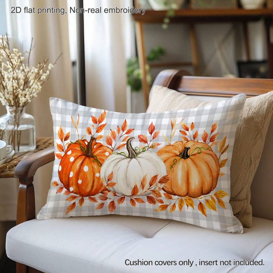 MEMNUN 1pc Grey & White Plaid Watercolor White Dot Orange Pumpkin Cream Pumpkin Pillowcase 30*50cm/40*60cm Made Of Polyester Material Autumn Leaf Vine American Farm Harvest Illustration Sofa Cushion Cover Single-Sided Print Hidden Zipper Polyester Decorative Pillowcase Without Pillow Insert Living Room, Sofa, Bedroom, Car Home Autumn Decoration - Multicolor - View 1