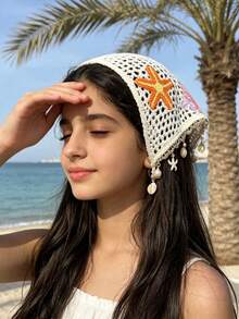 1pc Lightweight Hollow Crochet Headscarf, Bright Ocean Starfish & Shell Applique With Shell Pearl Tassel Square Scarf, Gentle & Cute Headscarf, Suitable For Summer Beach Outings, Pool & Seaside Market Outfits, Back To School Gift For Daughter - Multicolor - View 4