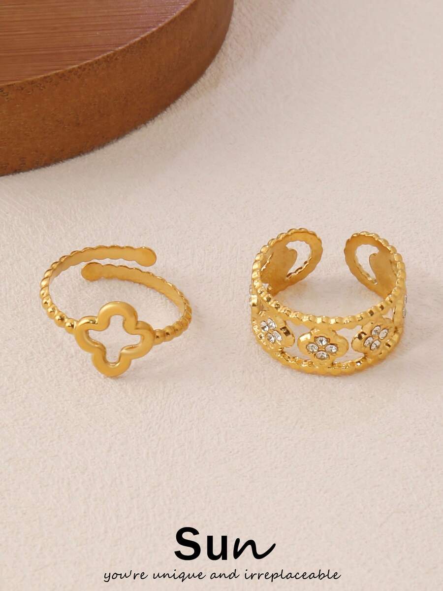 1pc Stainless Steel Rhinestones Four Leaf Clover Rings For Women Fashion Gold Color Open Finger Ring Vintage Jewelry - Ring - View 1