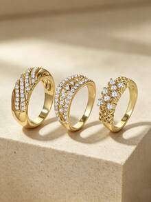 Conjunto de 3 Peças Anéis Femininos Glamourosos com Design Vazado e Zircônia Cúbica, Adequado para Uso Diário, Festa, Presente de Aniversário, Banquete de Palácio, Casamento Romântico e Mais Ocasiões - 3 pedaços - Visão 2