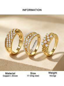 Conjunto de 3 Peças Anéis Femininos Glamourosos com Design Vazado e Zircônia Cúbica, Adequado para Uso Diário, Festa, Presente de Aniversário, Banquete de Palácio, Casamento Romântico e Mais Ocasiões - 3 pedaços - Visão 9