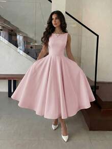 Elegant Casual Minimalist French Style Sleeveless Backless Cinched Waist Flared Dress, Suitable For Campus, Daily, Date, Vacation, Commute, Holiday Party Outfits - Pink - View 3