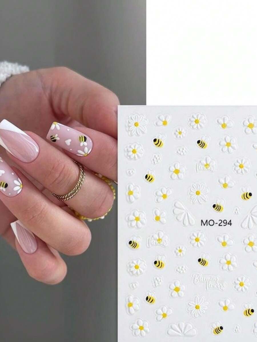 1 caja de nuevas pegatinas de uñas de margarita de verano, flores pequeñas amarillas de huevo fresco, estilo de vacaciones en la playa 3D, aplicaciones decorativas DIY, accesorios de arte de uñas exquisitos y versátiles para uñas largas - Multicolor - Ver 1