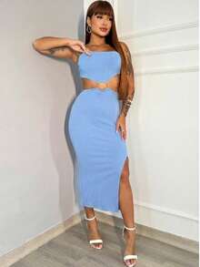 Women's Midi Dress With Slit, Strapless, Silver Metal Detail - Baby Blue - View 4