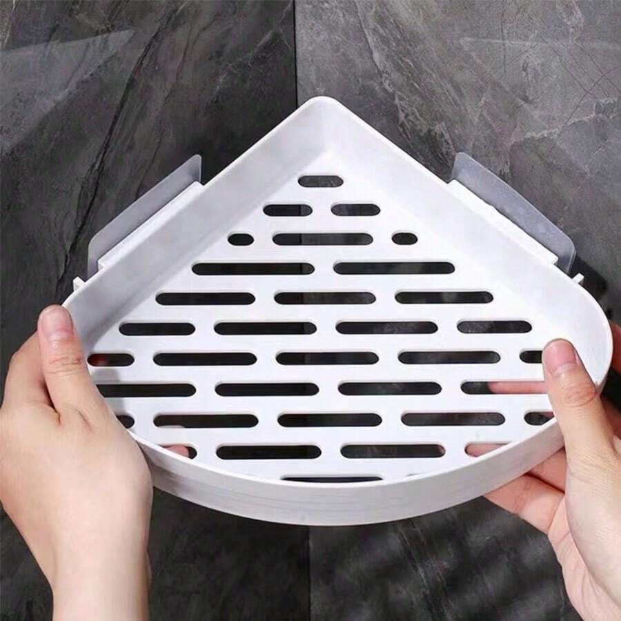 1pc White Bathroom Storage Rack, Toiletries Organizer, Multi-Functional Self-Adhesive Wall-Mounted Corner Shelf; Storage Rack; Kitchen Storage, Cosmetic Hanging Rack, Bathroom Shower Wall Shelf; Bathroom Storage Accessories, Bathroom Storage Organizer - One Size Fits All - View 1