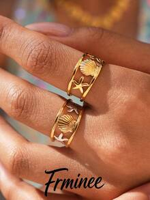 Frminee 2pcs/1pc Summer Ocean Style Women's Jewelry Starfish Shell 18K Gold Plated Stainless Steel Ring, Beach Accessory, Suitable For Daily Wear And Vacation, Holiday Gift - Multicolor - View 1
