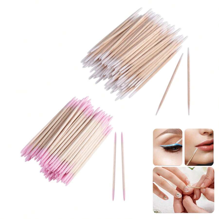 100/200pcs Pointed Cotton Swabs White Double-Ended Precision Eyebrow Cotton Swabs Wooden Handle Nail Polish Remover Pen Disposable Makeup Application Sticks Beauty Tools - Double-headed - View 1