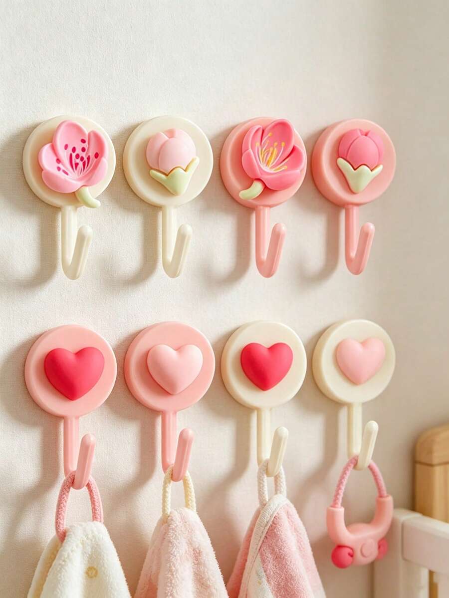4/8/16/24/32pcs Heart & Cherry Blossom Pattern No-Drill Hooks, Multi-Functional Towel And Hair Accessory Hooks, Suitable For Bathroom, Shower - Multicolor - View 1