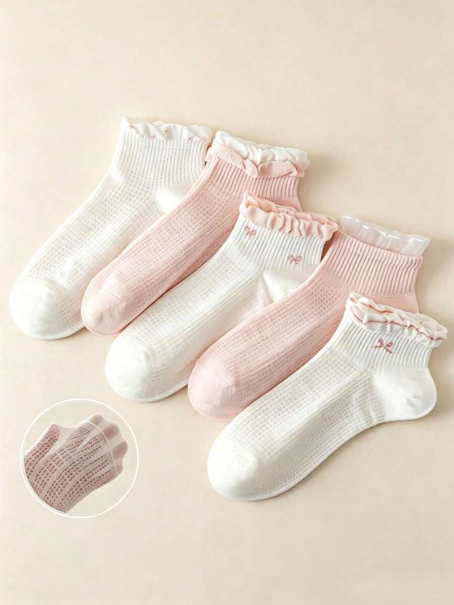 5 Pairs Sweet Pink Ruffle Trim Women's Short Socks, Cute Bowknot Casual Socks, Comfortable And Soft, Suitable For Spring And Daily Wear - Multicolor - View 1