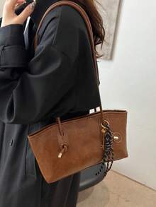Dedoo 1pc New Coffee Color Bowling Bag, Autumn/Winter Vintage Style, Suitable For Commuting/Student Use (Pendant Not Included) - Brown - View 9