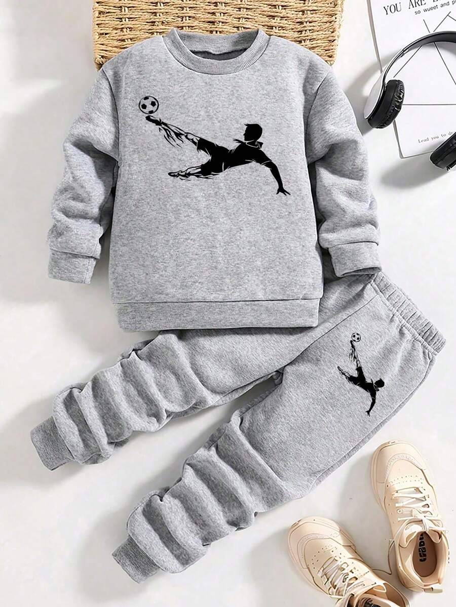 Boys' Soccer Print Warm Crew Neck Sweatshirt And Sweatpants - Grey - View 1
