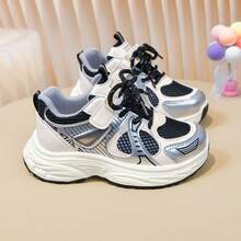 1 Pair Large Mesh Hook And Loop Unisex Thick Sole Athletic Shoes, Non-Slip Thick Cushioned Sole, Suitable For Back To School PE Class, Cycling And Children's Active Outdoor Wear - Black - View 7