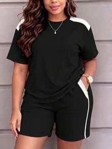 Setelan Atasan dan Celana Pendek Lengan Pendek Leher Bulat Kasual Wanita, Dengan Saku, Kain Sedikit Elastis, Elegan untuk Musim Semi, Musim Panas, dan Musim Gugur - Hitam dan Putih - View 3