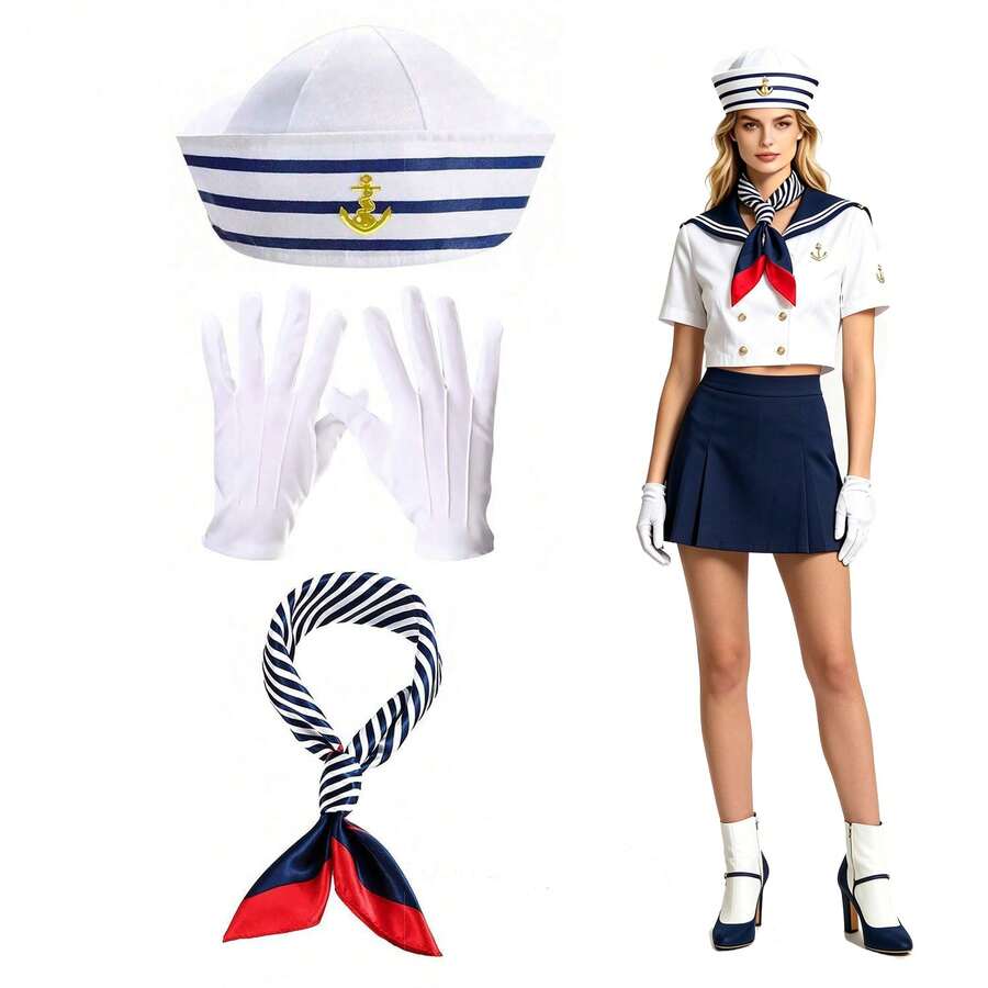 Sailor Costume Accessory Set, Anchor Sailor Hat, Striped Scarf, White Gloves, Halloween Cosplay Party Decoration, Unisex Sailor Outfit, Nautical Sailor Accessory Set Costume Props - Multicolor - View 1