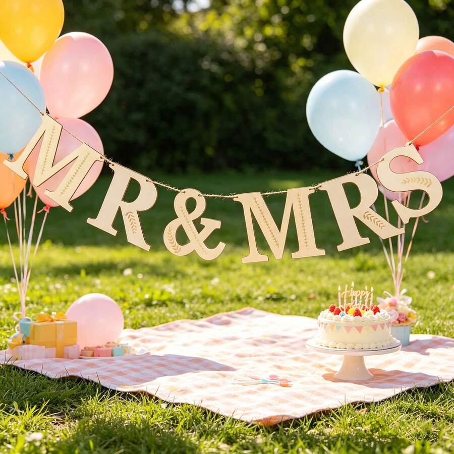 1 Set Of Wedding Pendants For Mr. And Mrs., Mr. And Mrs. Logos, Wooden Letters, And Signatures Of Mr. And Ms. Decorated With Wedding Banners For A Wedding Anniversary Wedding Party - Multiple Styles - View 1
