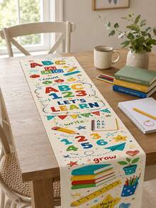 1pc Back To School Table Runner, ABC 123 Let's Learn Letters Numbers Pencil Books Stars Print, Educational Classroom Decor, Suitable For Study Desk And Dining Table, Teacher Gift, First Day Of School Seasonal Tablecloth Decoration - Multicolor - View 4