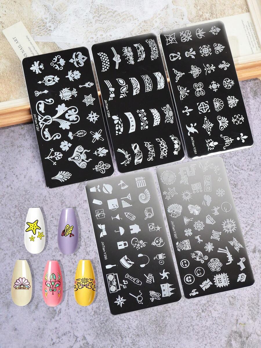 5入法式塗鴉花卉圖案不鏽鋼美甲印花鋼板 DIY美甲工具 - 銀色 - 查看 1
