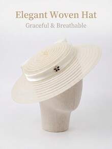 1pc Elegant Wide Brim Flat Top Hat With Satin Bow And Rhinestones, Women's Spring Summer Autumn Formal Sun Hat, Suitable For Tea Party, Wedding, Horse Racing Day, 5 Colors Available - Headband Hat - View 2