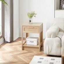 Rattan Side Table With Drawer, Modern Bedside Table, Side Table For Living Room, Bedroom, Natural Wood Look - H55/W40/D40 Cm - Warna alami - View 5