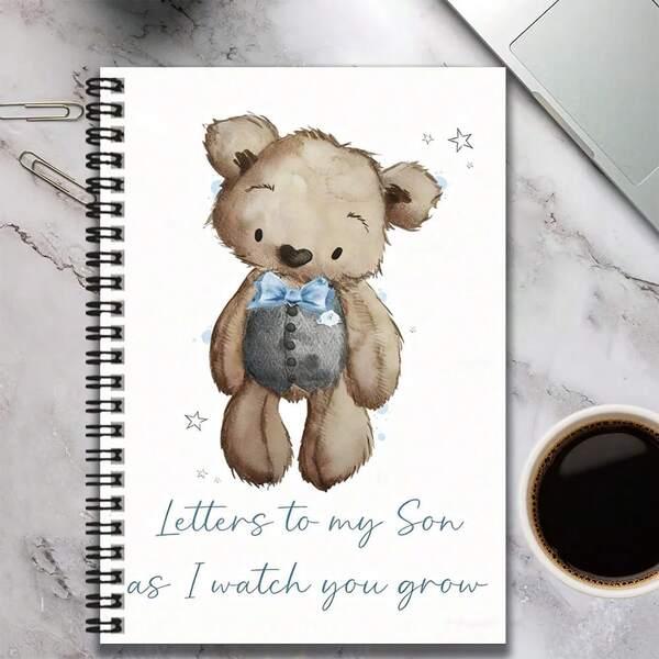 1 Cute Bear Style Spiral Coil Notebook, Cover Features Adorable Bear Wearing Vest With Blue Bow Tie, Warm Text "Letters To My Son As I Watch You Grow". Suitable For Work And Study Notes, Gift For Teachers And Educators, Back To School, Office Notebook, Diary, Daily Planner, Memo, Also An Excellent Choice For Graduation, Birthday And Other Gifts.