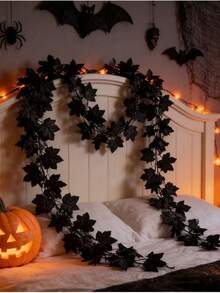Black Maple Leaf Wreath Halloween Autumn Decoration, Artificial Hanging Leaf Vine Wreath Decoration Autumn Decoration Black Wreath For Autumn Thanksgiving Fireplace Mantel Party Holiday Home, Home Autumn Decoration, Halloween Christmas Decoration, Room Decoration, Halloween Decoration, Autumn Decoration, Autumn Home Decoration, Christmas Home Decoration, Wedding Decoration - Black - View 3