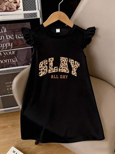 Tween Girl Leopard Print Letter Graphic Casual Dress, Spring/Summer