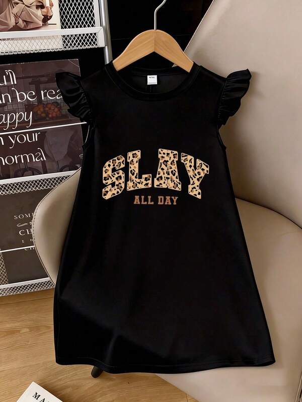 Tween Girl Leopard Print Letter Graphic Casual Dress, Spring/Summer