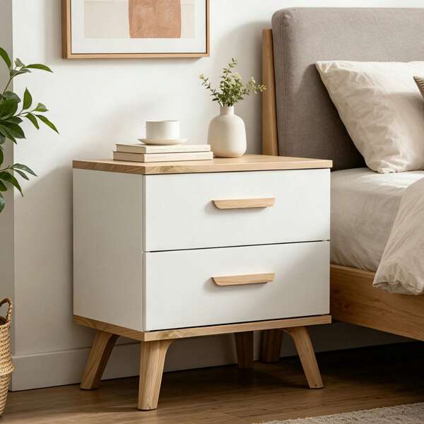 Aesthetic Minimalist Wood Accent Nightstand 47cm Tall, Modern 2 Drawer Bedside Cabinet With Natural Wood Handles & Slanted Wooden Legs, White & Wood Tone Side Table For Scandinavian Bedroom Home Decor