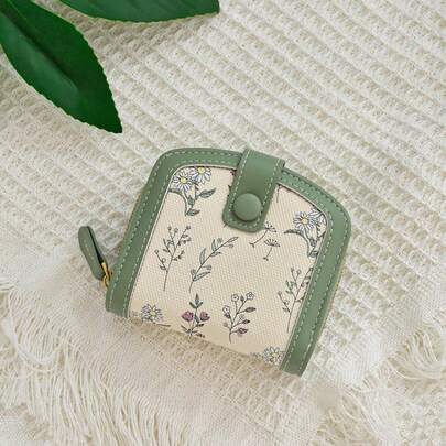 Billetera de monedas con cremallera estampada con flores, diseño corto y adorable, de estilo fresco y sencillo, ideal como regalo de cumpleaños para mujeres
