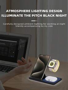 Foldable 3-In-1 Wireless Charging Station, 15W Fast Multi-Device Charger. Dual-Angle Stand Supports Horizontal And Vertical Layouts, Suitable For Video Watching. Foldable Compact Design, Perfect For Desk, Bedroom, Office, Travel. Compatible With All Qi Wireless Phones, Smartwatches And Bluetooth Earphones. Sensitive Coil Provides Stable Power. Lightweight ABS Shell With Ambient Light, Say Goodbye To Cluttered Charging Cables. - Black - View 6