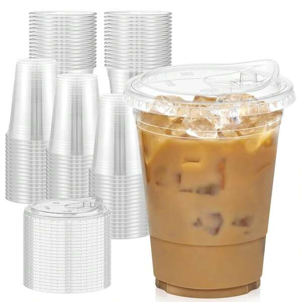 12オンス 20/40/80/100個 透明プラスチックカップ 蓋付き、丈夫なアイスコーヒーカップ ストロー付き蓋、再利用可能な冷たい飲み物スムージーカップ、冷たい飲み物、ジュース、ミルクシェイクに適しています