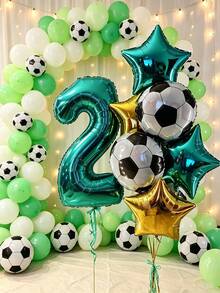 Mint Blue Number Balloon Set, Football Theme Birthday Balloon Combination, Suitable For Birthday, Anniversary, New Year Celebration, Wedding, Bachelor Party, Celebration Decoration Supplies, Foil Material - Mint Blue Number and Five-pointed Star Soccer Kit - View 5