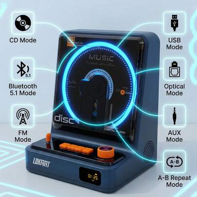 LOKMAT Portable CD Player, Bluetooth 5.3, Home CD Player, With HiFi Speakers, Rechargeable 5200mAh Battery, Micro SD/AUX Interface, Desktop CD Player, 6 Light Modes.