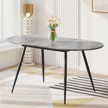 Extendable Dining Table And Chairs Set Of 4, Oval Mable Effect Table With Upholstered Chairs For Dining Room - Gray Table + 4 Black Linen Chairs - View 5