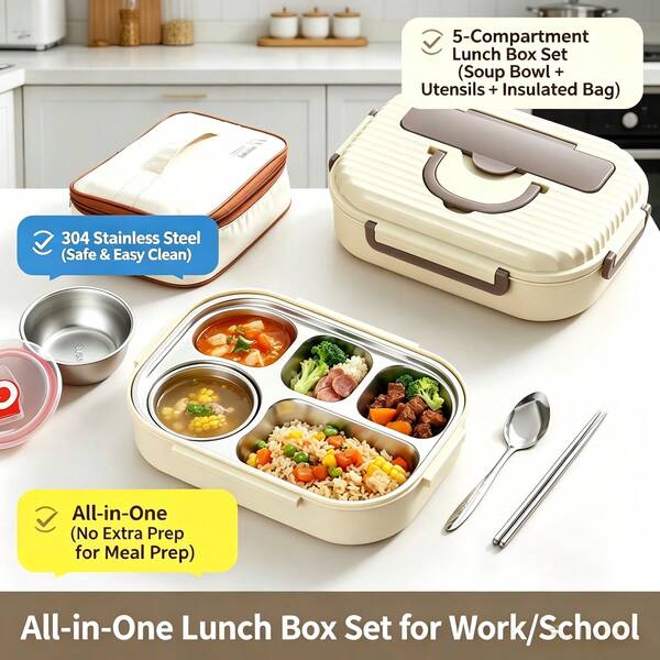 Juego de fiambrera/caja bento/contenedor de alimentos de una sola pieza (4 o 5 compartimentos); con funciones de aislamiento y calentamiento; incluye una bolsa térmica, un par de palillos y una cuchara; adecuado para trabajadores de oficina y cafeterías.