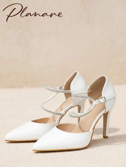 Sapatos femininos elegantes e populares de salto alto branco liso com biqueira pontiaguda, lateral vazada e tira única, salto fino, estilo francês com tira de strass, sandálias de salto alto versáteis para deslocações, banquetes e rua, para conjunto de senhora com vestido, sapatos femininos de salto alto confortáveis e formais brancos, sapatos femininos elegantes