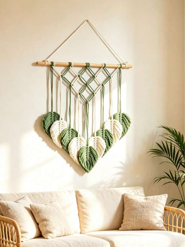 1pc Leaf Shaped Tapestry Bohemian Style Wall Decoration Green And White Two Tone Tassel Hanging Decoration Wall Decoration Nordic Style Leaf Shaped Tapestry Room Decoration Bohemian Style Home Soft Decoration Woven Leaf Hanging Decoration